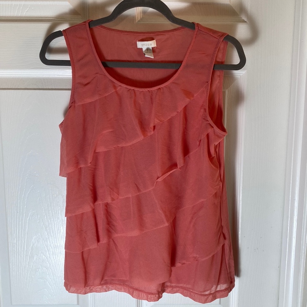 Chico's Women's Coral Tiered Lace Layered Scoop Neck Sleeveless Tank Top Sz Med